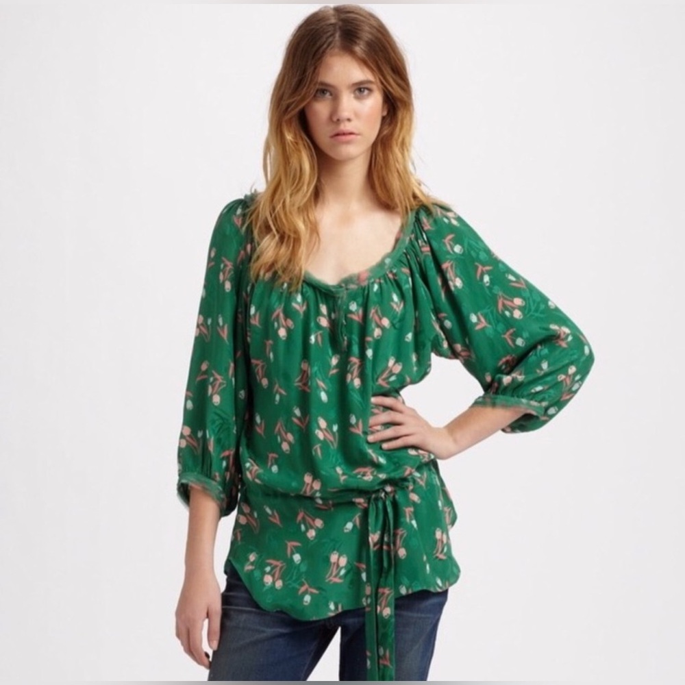 freebie rebecca taylor silk tulip blouse - green ruched waist peasant top - 0